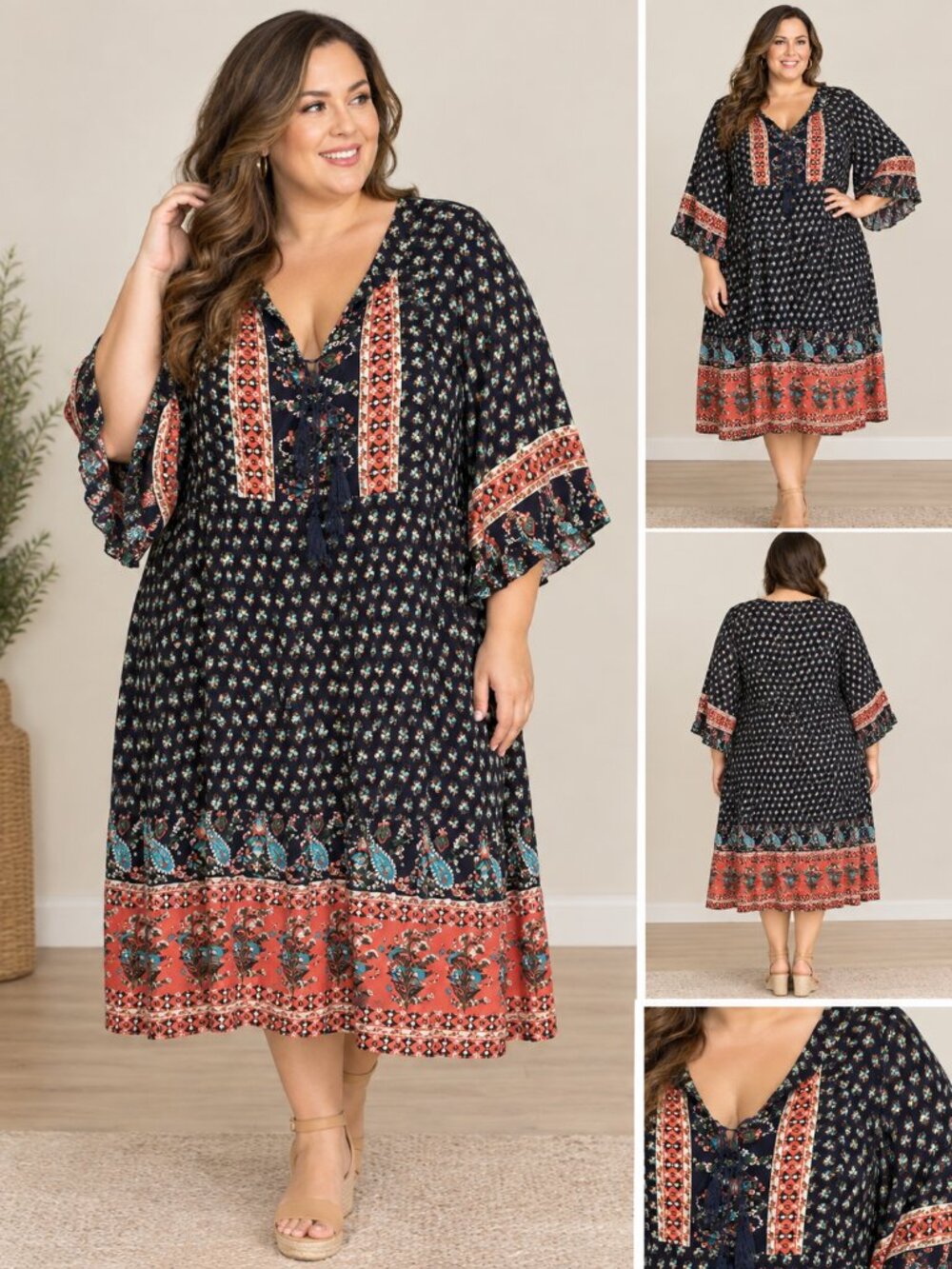 BloomChic Midi Peasant Dress Bohemian Black, Coral, Floral Print Size 18-20 🖤